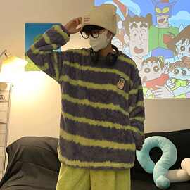 绿条巴斯光年情侣珊瑚绒睡衣秋冬法兰绒加绒加厚男女同款家居服潮