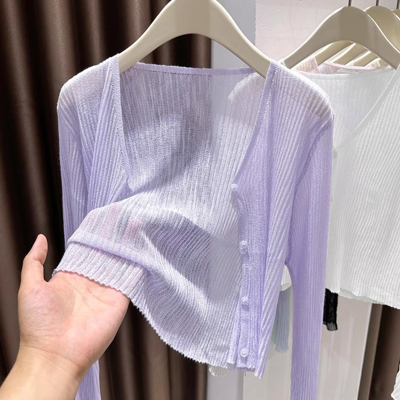 薄いアイスシルクとサスペンダースカート付きの女性用日焼け止めブラウス、夏用の紫色のわずかに透ける空調シャツ、ニットカーディガンとチョッキ|undefined