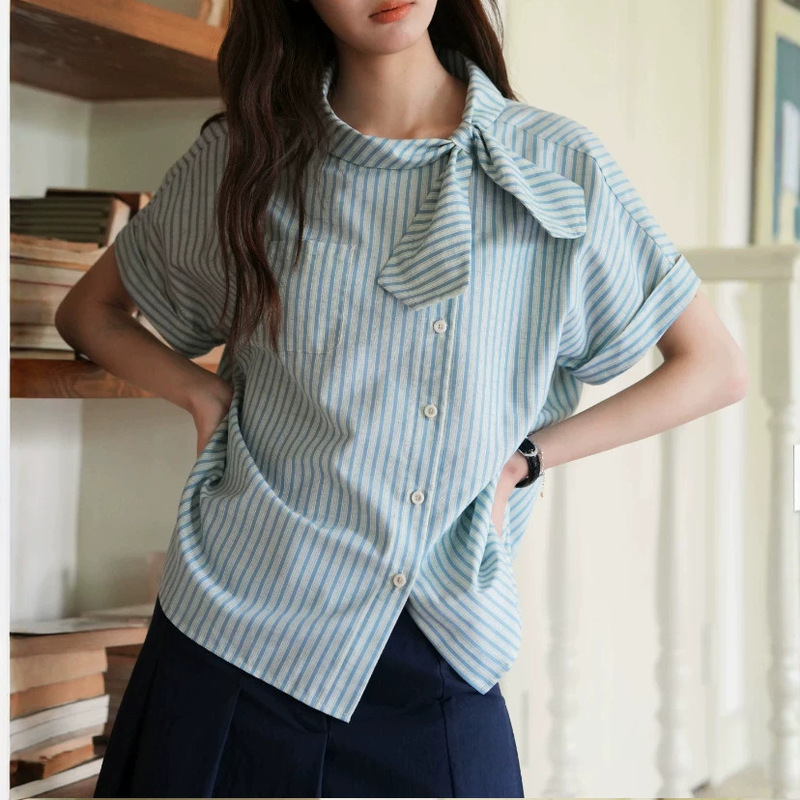 Vintage Asymmetric Bow Tie Blouse Summer New Style Diagonal Placket Design Striped Shirt for Women