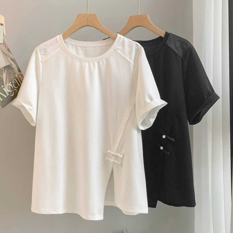 Модная черная женская футболка с короткими рукавами, новый стиль лета 2025 года, элегантная маленькая рубашка, новый топ больших размеров в китайском стиле, национальный тренд.