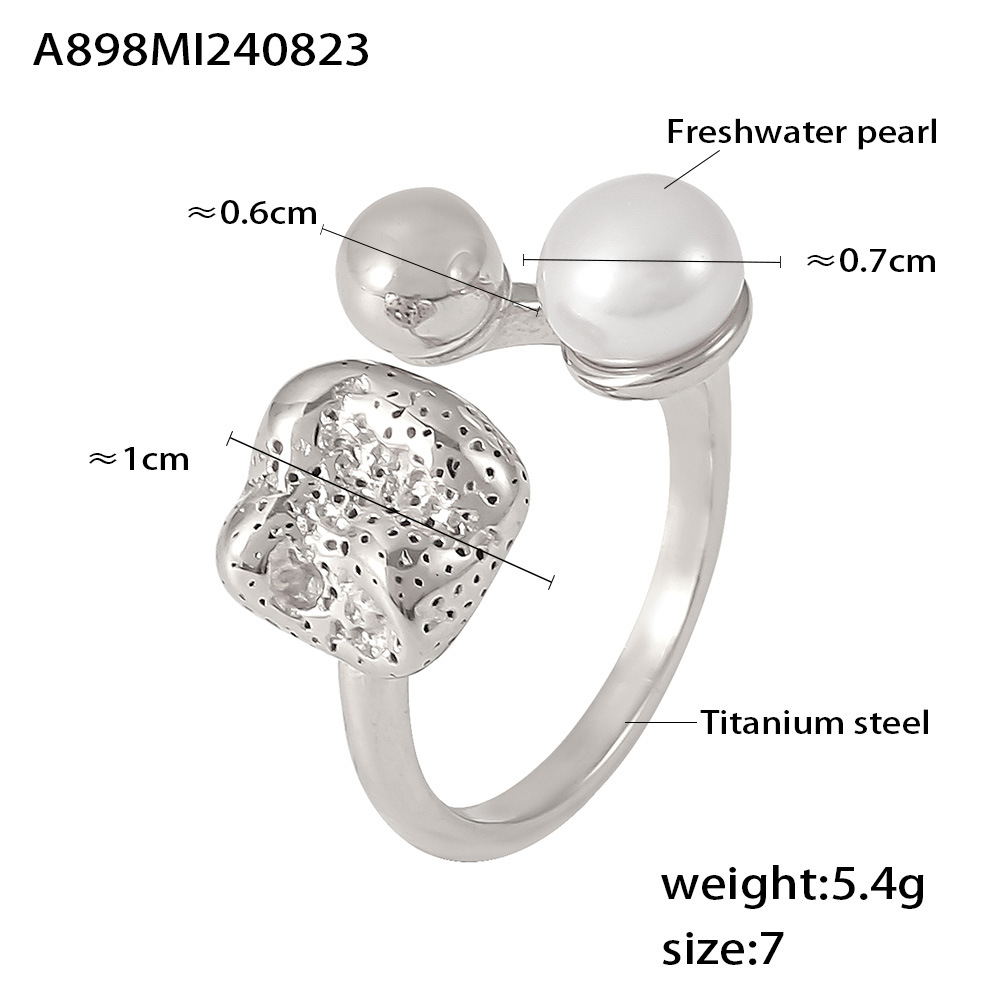 Square Sugar Titanium Steel Open Mouth Imitation Pearl Ring Smooth Ball Shaped Personalized Ring_voghion.com
