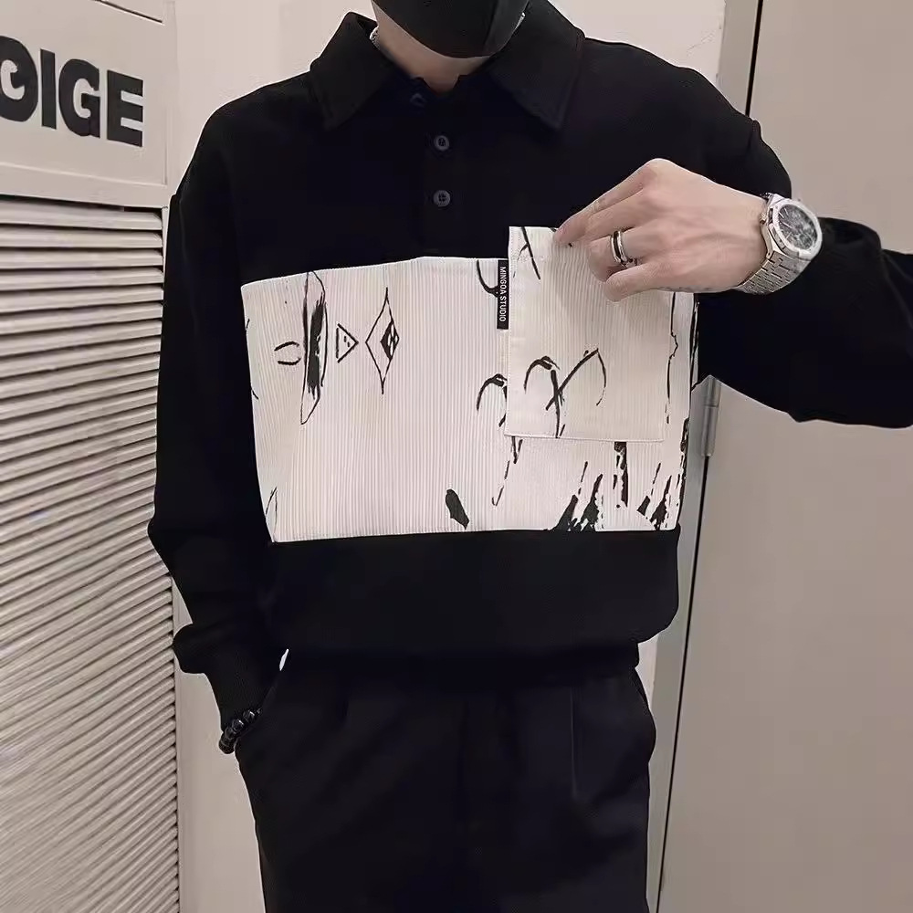 Men's Polo Collar Sweatshirt Contrast Patchwork Pullover Top_voghion.com