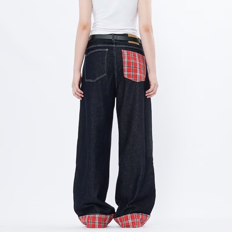 American Style Straight-Leg Rolled Hem Jeans Men Women, Spring And Autumn New Loose Patchwork Plaid Blue Pants For Men,_mkmklike.com