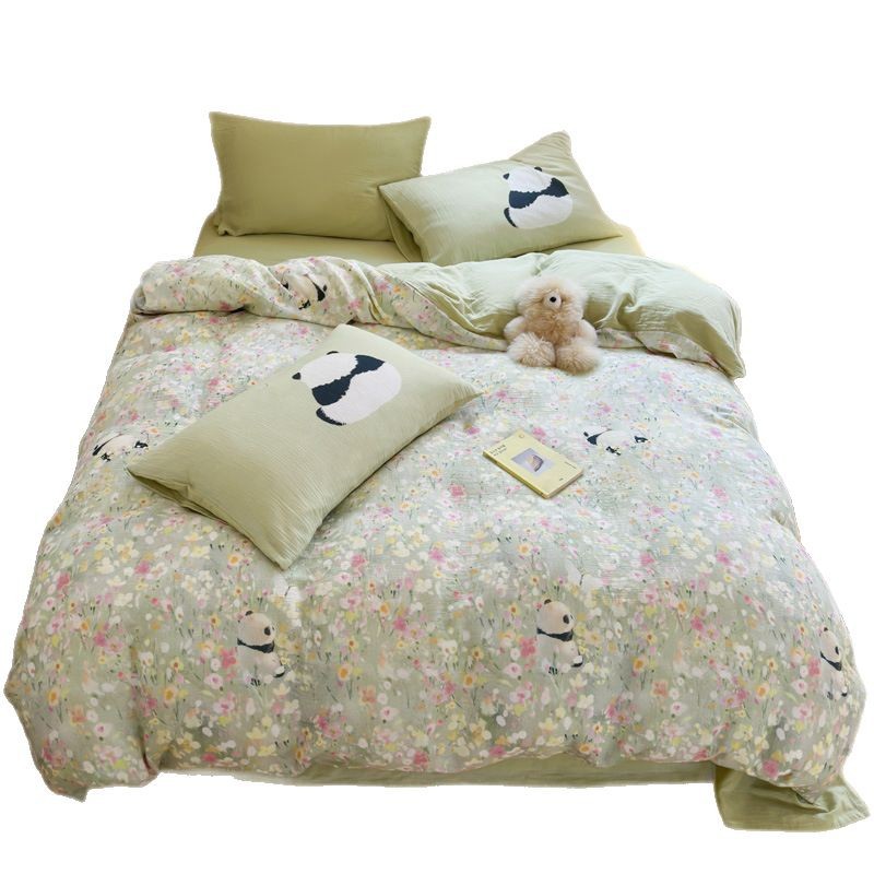 Youyixin juego de cuatro piezas de dibujos animados de doble capa de gasa arrugada impresión digital juego de tres piezas de algodón kit de algodón sábana edredón