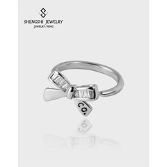 韓版ins設計感小眾簡約高級蝴蝶結復古方形鋯石不掉色開口戒指女