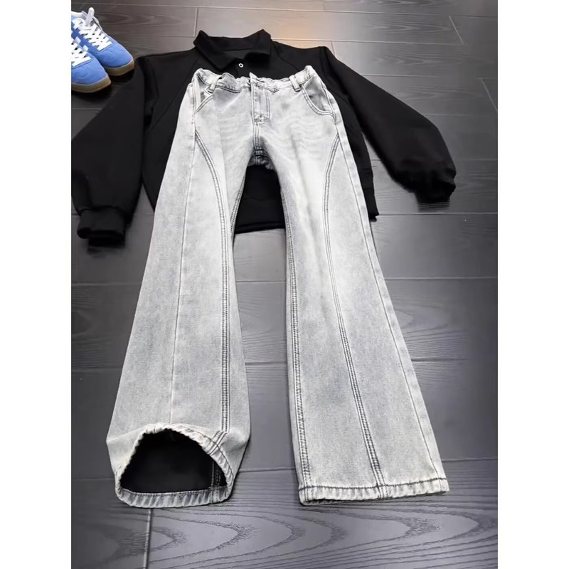 Blue Diagonal Cut Flared Jeans for Men, Summer American High Street Vibe, Trendy Versatile Washed Semi-Elastic Straight Long Pants