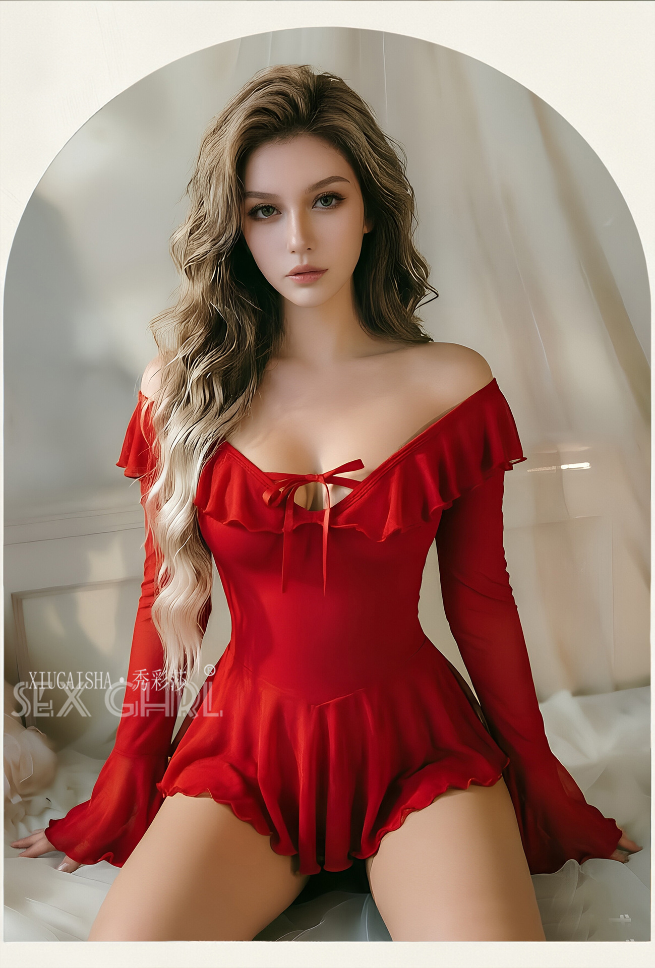 Off-Shoulder Bell-Sleeve Babydoll Lingerie Dress, Pink Mesh, XXL — detail image 8