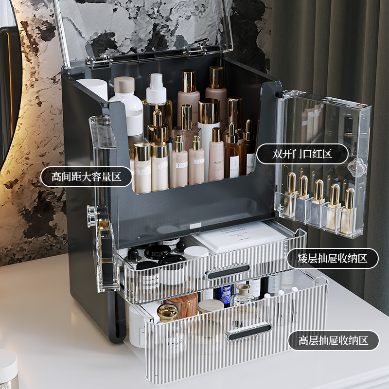 Caja de almacenamiento de cosméticos Tocador de escritorio a prueba de polvo Caja de almacenamiento de productos para el cuidado de la piel Mascarilla transparente multicapa Soporte de almacenamiento de lápiz labial