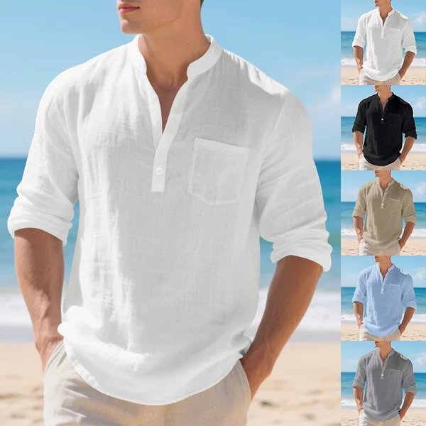Cross-Border Independent Site American-Style Linen Long-Sleeve Men's T-Shirt, Hawaiian Oversized Loose Henley V-Neck Autumn and Winter Base Shirt for Men