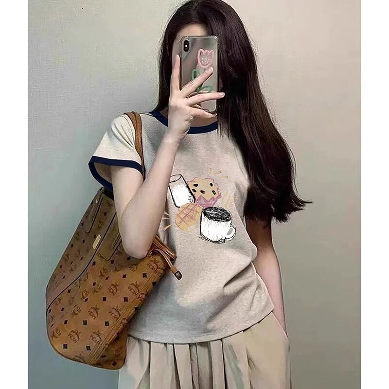 2026 New Color-Blocked Short-Sleeve T-Shirt for Women, Round Neck, Fashionable, Casual, Versatile, Niche Half-Sleeve Top for Summer