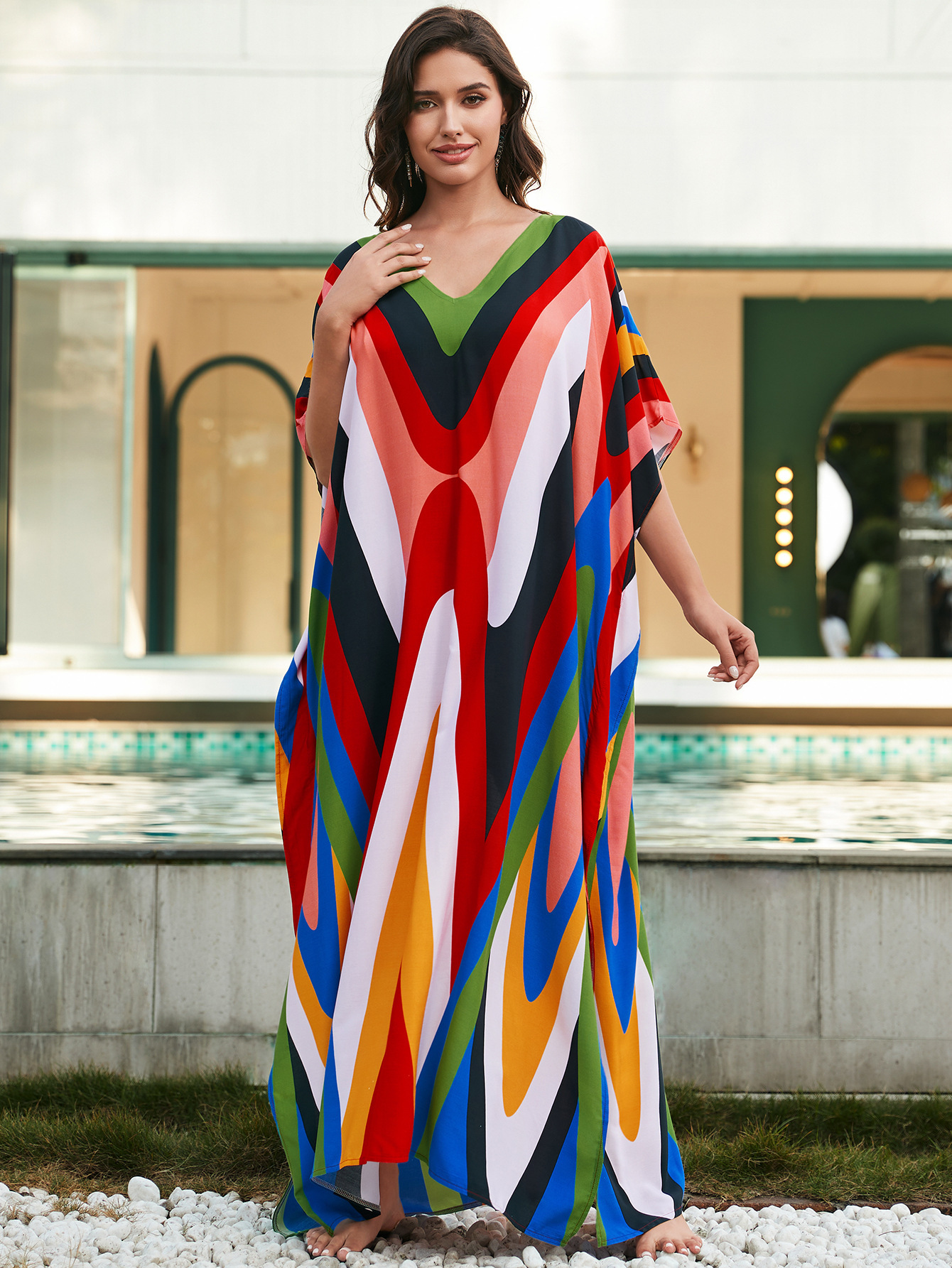 Rochie de plajă lungă kimono dama boho viscoză tie-dye_voghion.com