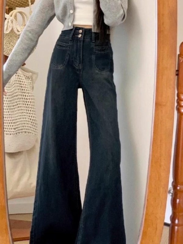 慵懒松弛感牛仔裤女新款大码胖mm梨形身材宽松显瘦深蓝色阔腿裤子|undefined