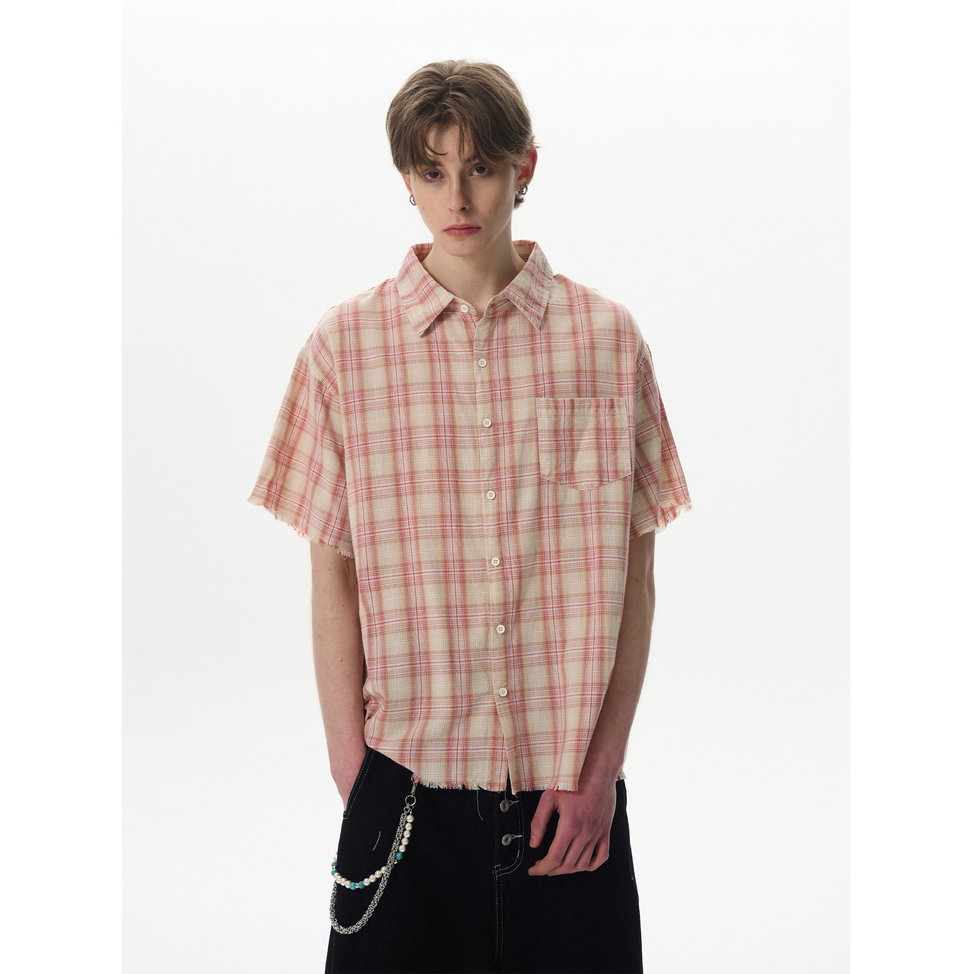 Pink Plaid Shirt Short-Sleeved Men's Summer High-End American Cleanfit Plaid Shirt Sun Protection Thin Jacket