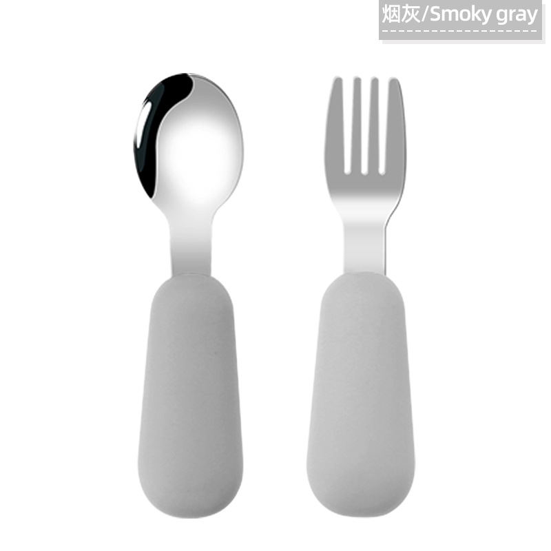 Cuchara de tenedor para niños traje de bebé tenedor cuchara mango corto 316 cuchara de tenedor de silicona de acero inoxidable cuchara de tenedor de suplemento alimenticio para bebés