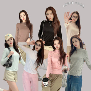 Cloth Xiaojiu Wood-ear Base Shirt Women's Spring and Autumn Slim-fit Slimming Solid Color All-match Thin Long-sleeved T-shirt Top