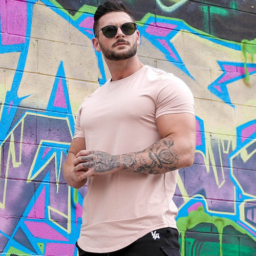 Summer solid color sports T-shirt men's muscle men's round neck breathable fitness short-sleeved tops running training elastic cotton