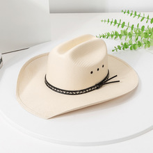 欧美跨境2025新款夏天出游大檐加硬纸草帽翘边西部牛仔户外遮阳帽