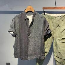 特大码300斤亚麻薄款短袖衬衫夏季男士日系休闲撞色透气套头衬衣