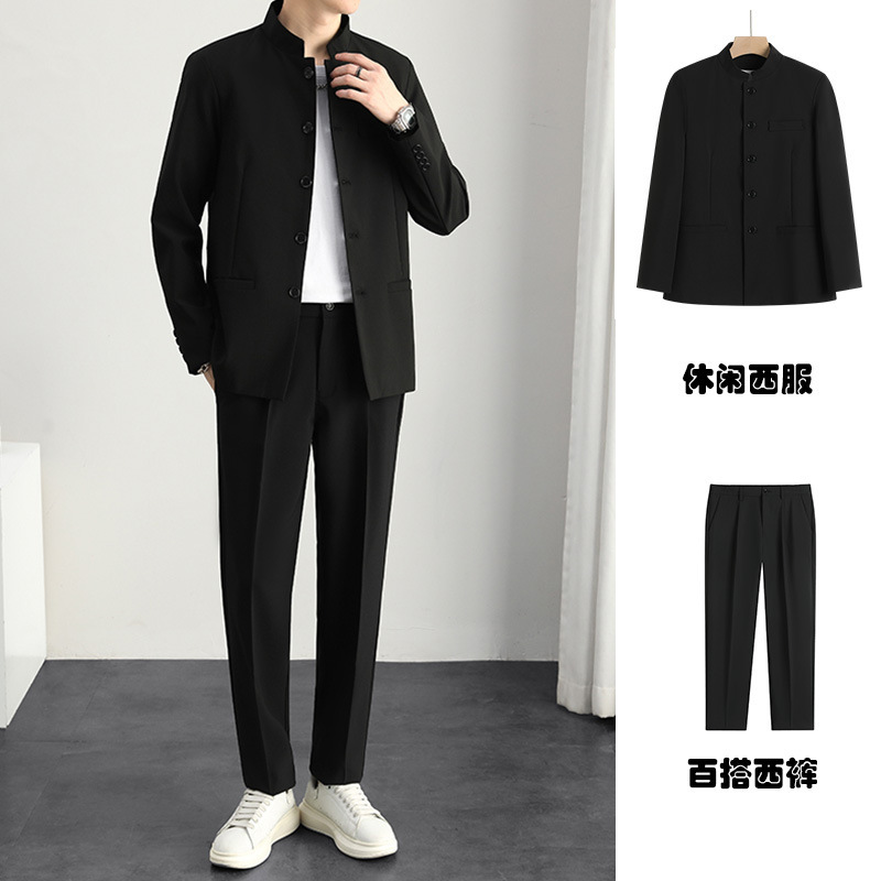 High-end feeling handsome new Chinese-style Chinese-style suit jacket suit men's spring and autumn new casual stand collar Tang suit suit set