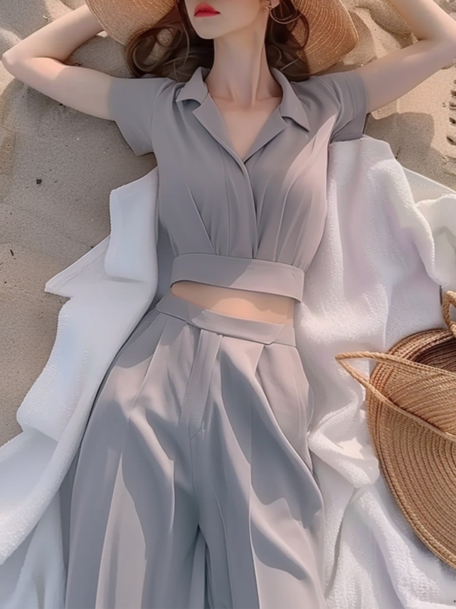 Bộ áo sơ mi nữ tay dài màu xám phối quần ống rộng thanh lịch — màu xám, đỉnh đơn chi tiết 6