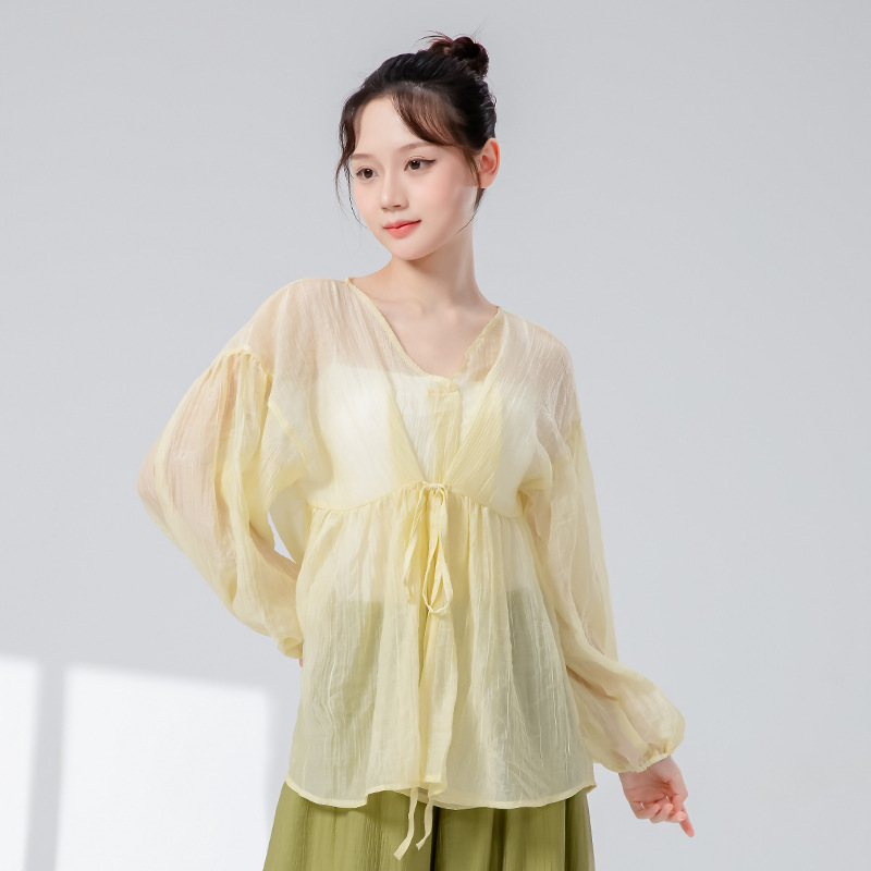 古典舞练功服女新款系带灯笼袖宽松罩衫中国舞成人舞蹈服网纱上衣|undefined