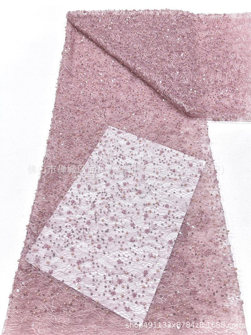 Tejido de encaje de perlas de oro ligero tamaño de perlas sequinado alto vestido de hombro inclinado tejido bordado a mano