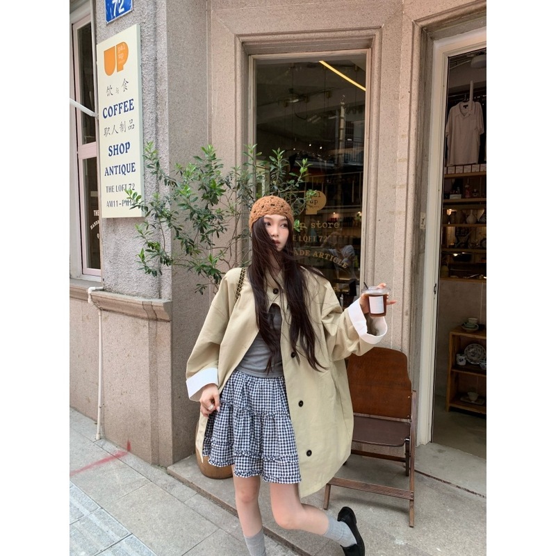 现货实拍 韩系复古百搭小立领卡其色中长款风衣女宽松休闲外套ins|undefined