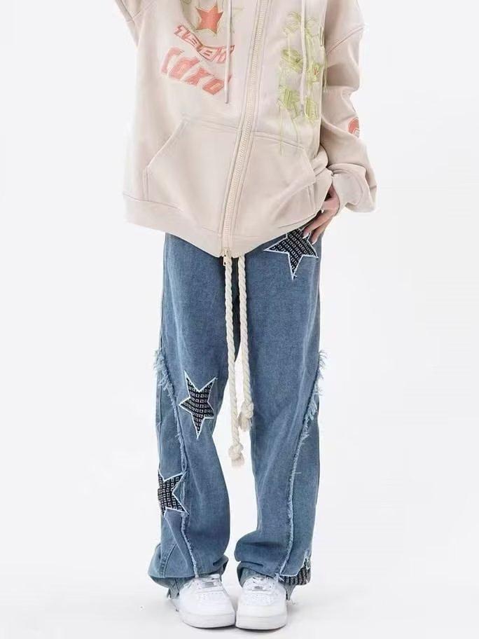High Street Flared Ripped Light Blue Jeans Couple Loose Patchwork Casual Pants Men Hip Hop 2025 Trend_viptrois.com