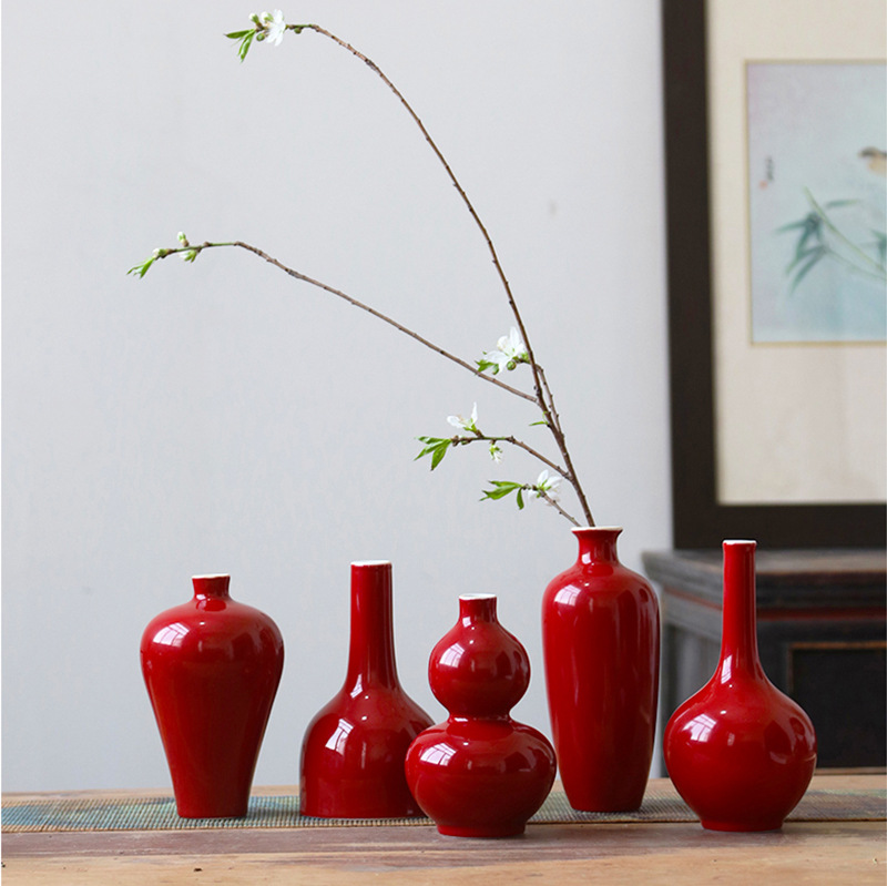 Ceramic Vase Red Festive Wedding Housewarming New Year Decoration New Chinese Style Home Decoration Retro Zen Flower Arrange