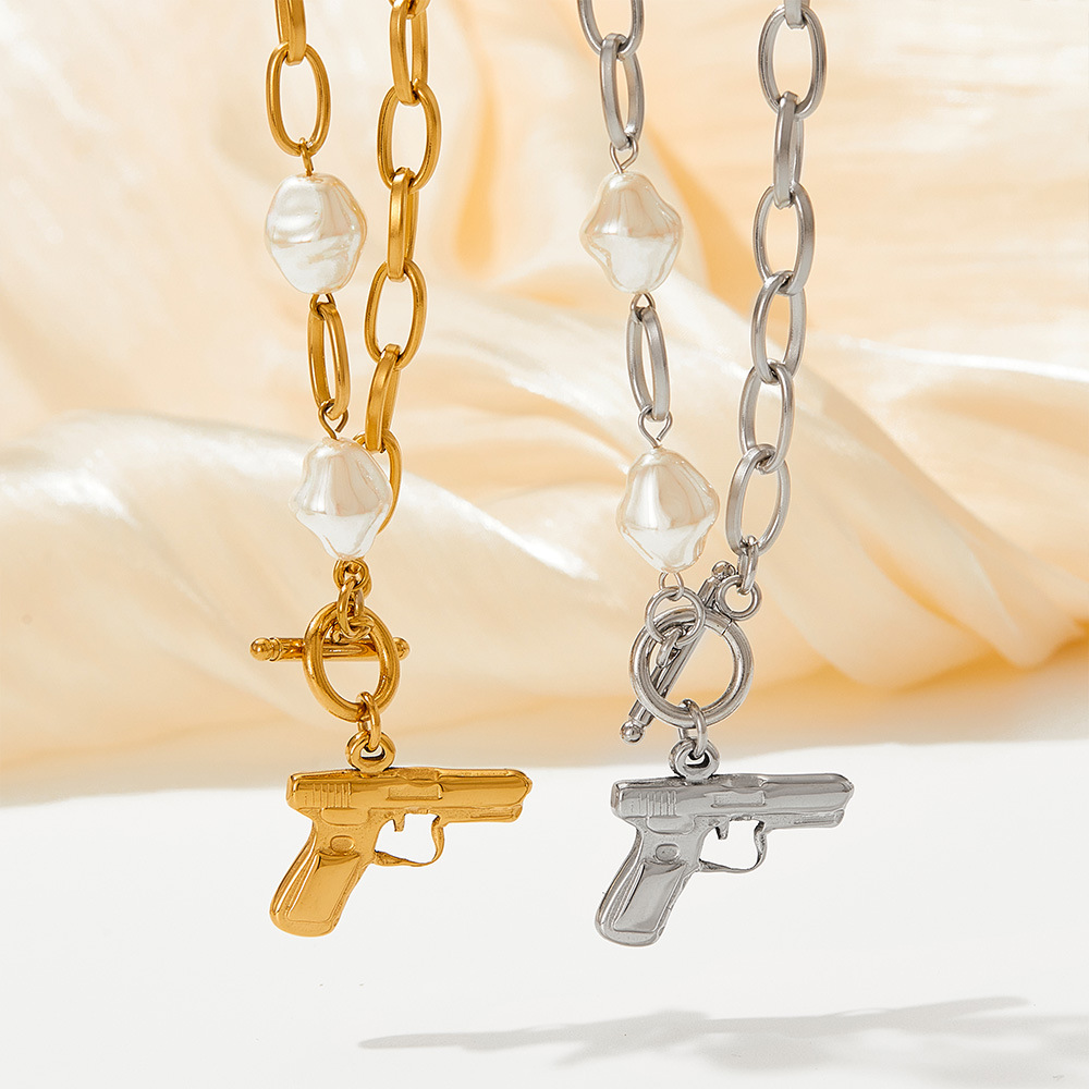 Baroque Style Pistol Stainless Steel Pearl Plating Bracelets Necklace 1 Piece