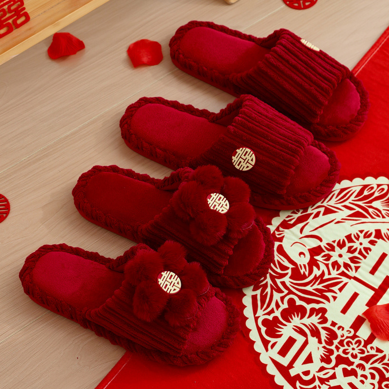 Wedding Slippers Spring and Autumn Big Red Festive Wedding Couple Cotton Tot Wedding Woman Bride Accompanying Wedding Slippers Spring and Autumn Big Red Festive Wedding Couple Cotton Tot Wedding Woman Bride Accompanying