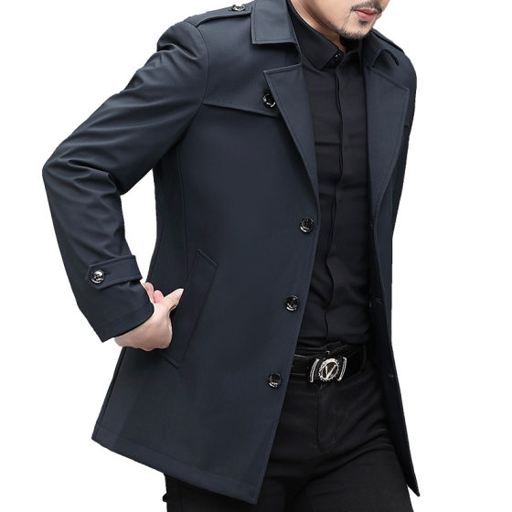 Men's Business Jacket 2021 Spring and Autumn Middle-aged Men's Trench Coat Long and Short Collar Coat Casual Flip Dad Clothes