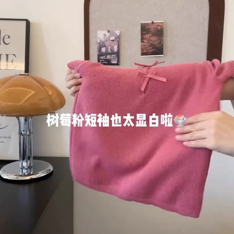 ラズベリーパウダーバックリボン中空ニット半袖Tシャツレディース2025夏新作ラウンドネックショルダートップトレンディ|undefined