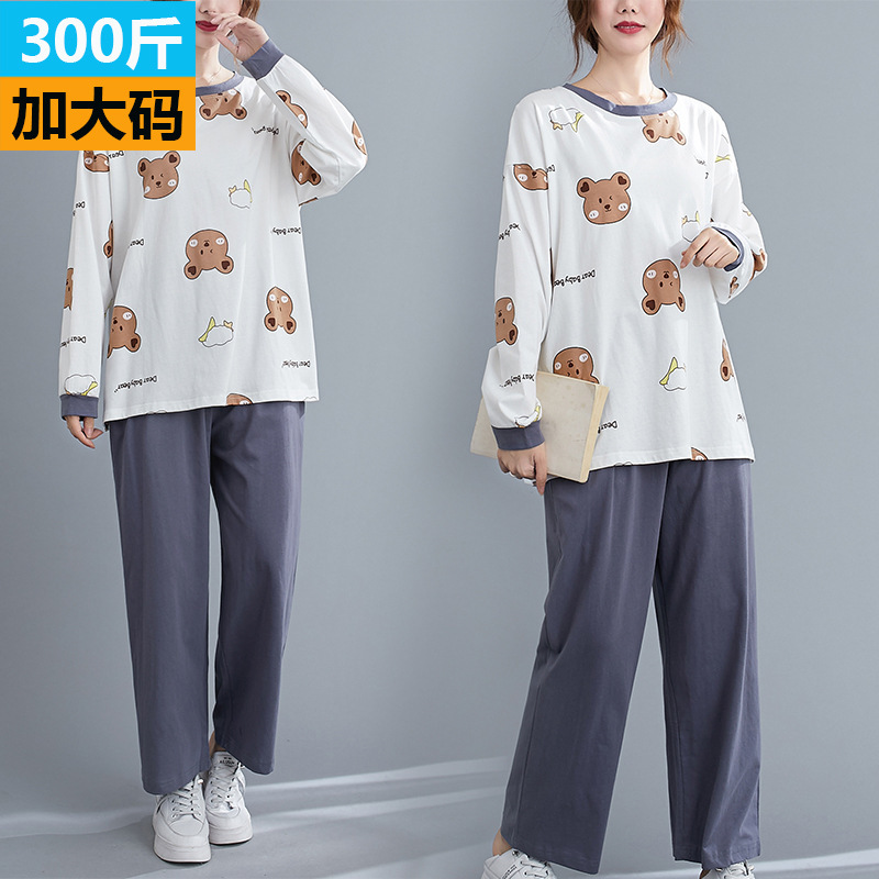 Extra Large Size Women's Clothing Special Clearance Wholesale Korean Style Loose Slimming Look Long-Sleeved Cute Printed Home Wear Suit Broken Code