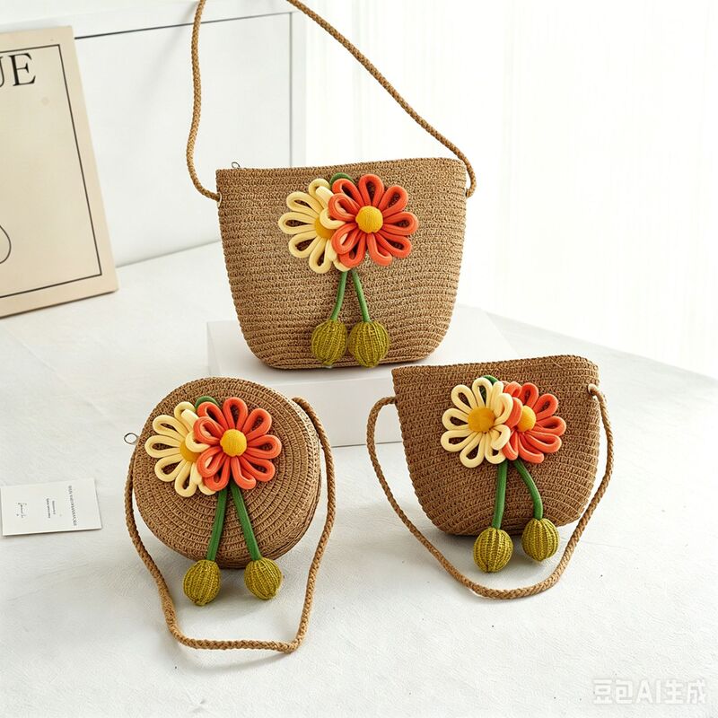Summer Fresh Style Women's Floral Small Round Bag, Mobile Phone Bag, Casual Vacation Crossbody Straw Woven Children's Coin Purse Summer Fresh Style Women's Floral Small Round Bag, Mobile Phone Bag, Casual Vacation Crossbody Straw Woven Children's Coin Purse