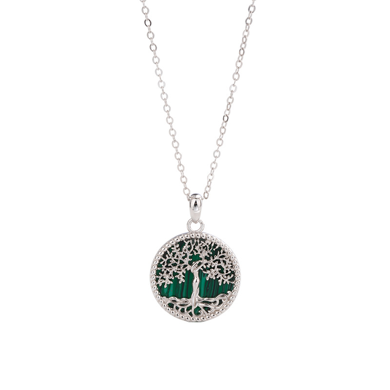 925 plata esterlina collar redondo árbol de vida malaquita mujer estilo europeo y americano transfronterizo colgante de alta calidad joyas de cadena de clavícula