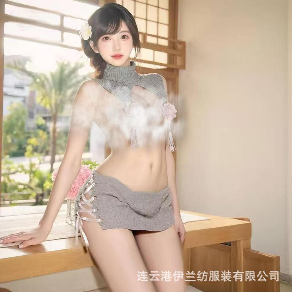 Open-Bust Knit Sweater Dress for Women, Black Polyester Roleplay Lingerie, One Size — detail image 2