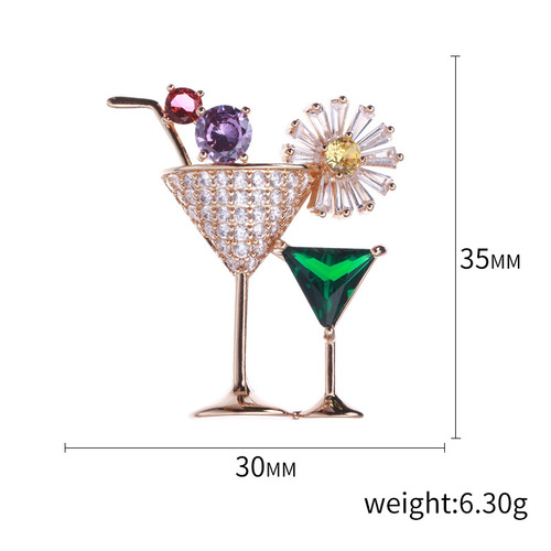 European and American creative personalized fashion cocktail glass brooch micro-encrusted zircon corsage trendy clothing accessories collar pin wholesale