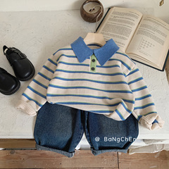 子供セーター Bangcheng 2025 秋男の子ストライプベスト韓国スタイル子供服スリットプルオーバートップ MY0023