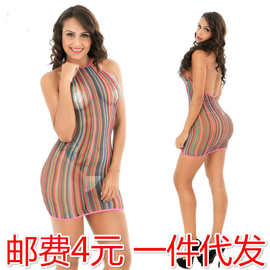 欧美款彩条纹挂脖连体网衣 性感包臀大码制服诱惑情趣内衣厂家发