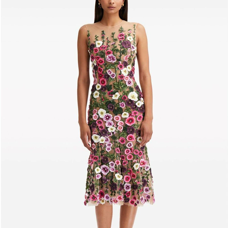 2024 новое европейское и американское высококлассное тяжелое промышленное платье с вышивкой и цветком