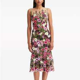 2024新款欧美高端重工高密刺绣花朵修身连衣裙