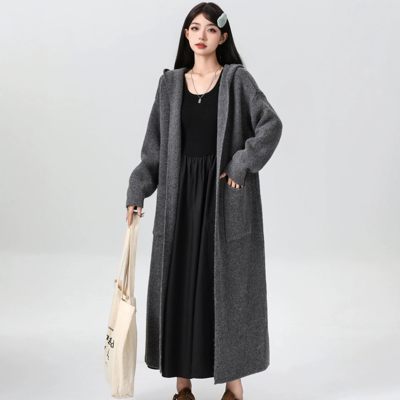 Elegant! Gray long hooded knitted cardigan, Korean style, casual and stylish oversized sweater coat for women Elegant! Gray long hooded knitted cardigan, Korean style, casual and stylish oversized sweater coat for women