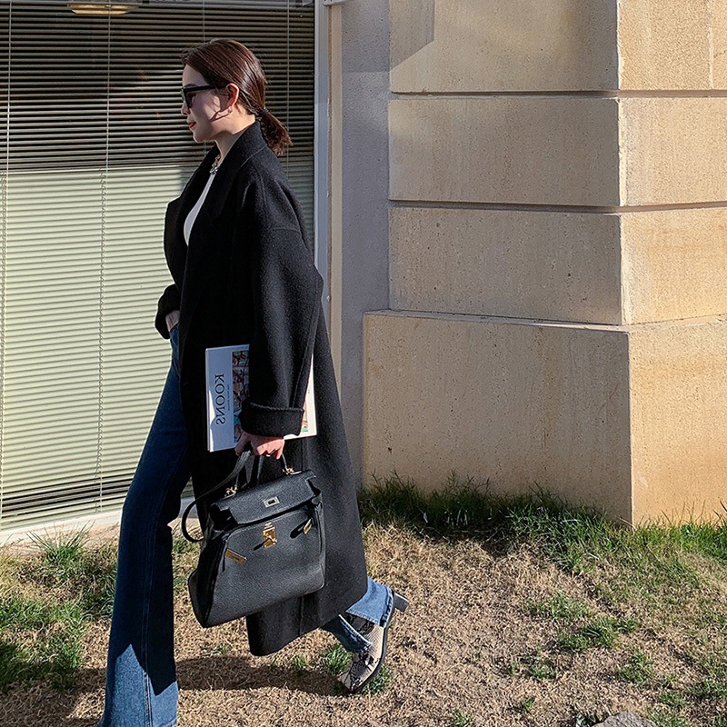 2021年法式中长款过膝英伦风休闲秋冬季简约大气毛呢外套大衣