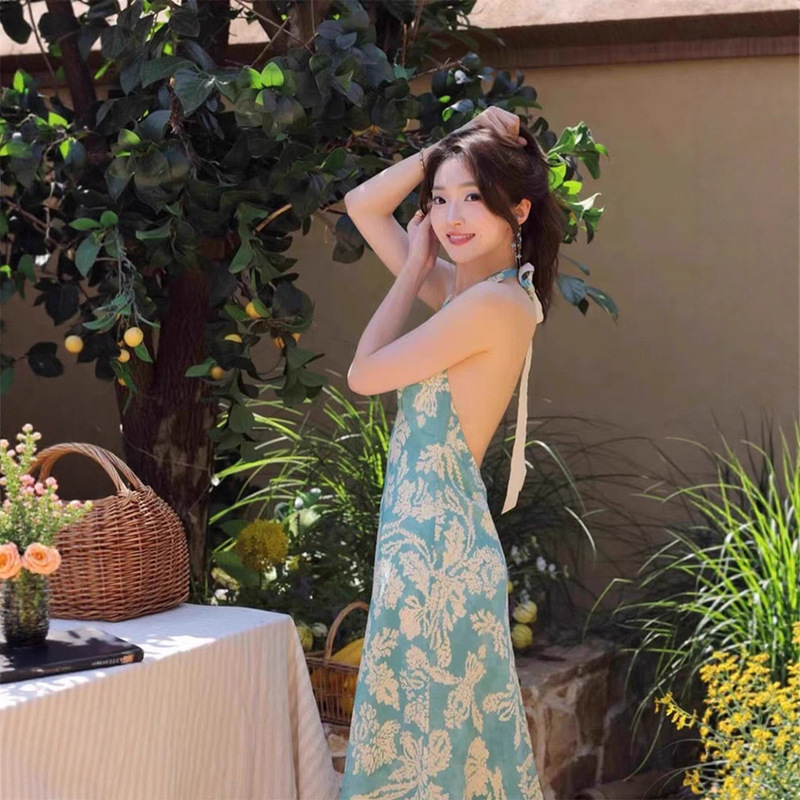 Beautiful Beach Dress for Seaside Vacation, French-Style Sleeveless Halter Neck, Waist-Cinching, Blue Printed V-Neck Dress, Backless Long Dress