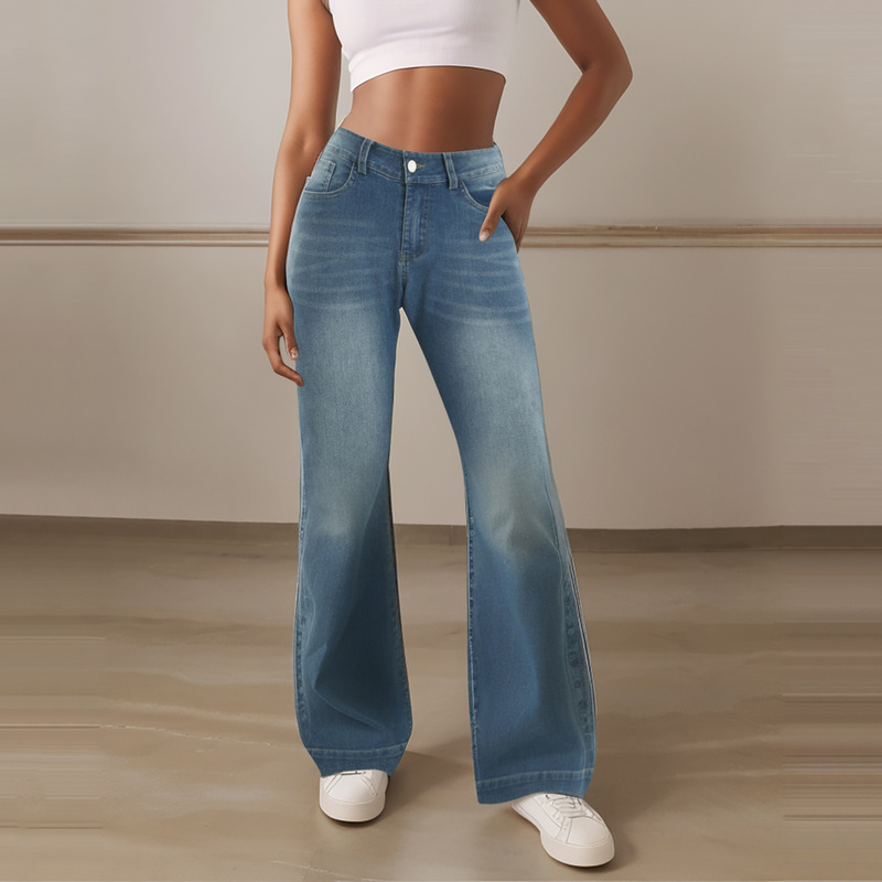European and American Popular Foreign Trade Women's Clothing Cross-Border New Amazon Fashion Large Size High Elastic Slimming Women's Denim Straight Pants European and American Popular Foreign Trade Women's Clothing Cross-Border New Amazon Fashion Large Size High Elastic Slimming Women's Denim Straight Pants