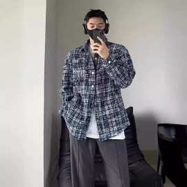 粗花呢小香风外套男春秋款痞帅高级感oversize千鸟格刺绣编织夹克
