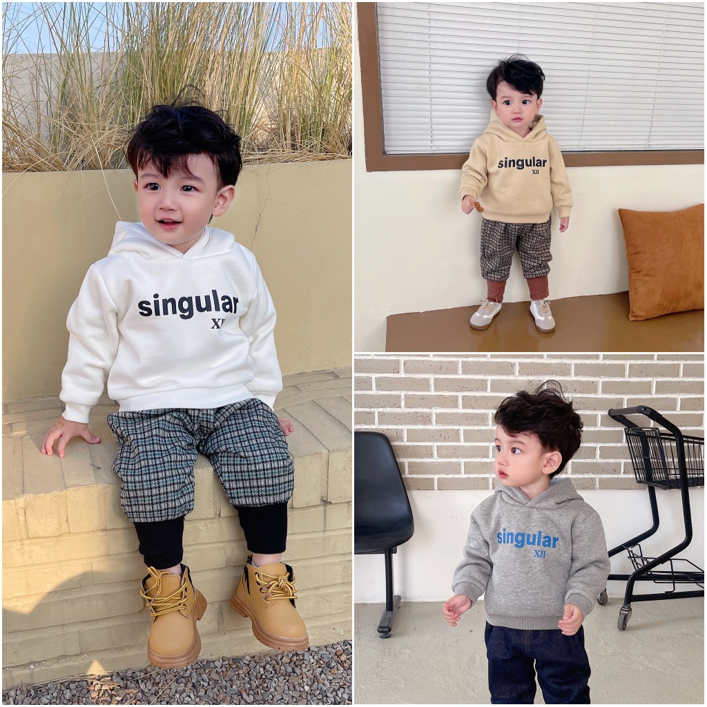 ins Korean version of infant and toddler velvet sweatshirt 2023 winter new style thickened hooded sweatshirt for boys and girls trendy tops
