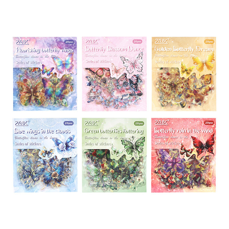 Danza de mariposa aire láser transparente pegatinas impermeables para mascotas bolsas DIY cuentas de mano diarios materiales decorativos pegatinas de mariposa retro
