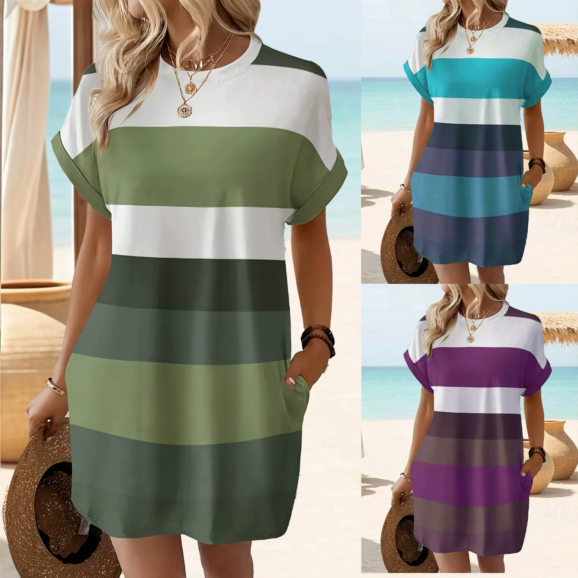 2025 новый европейский и американский Amazon лето трансграничная мода в полоску случайный большой размер женское карманное платье